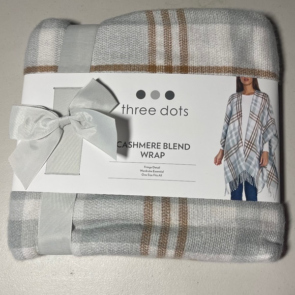 Three Dots Cashmere Blend Wrap. Fringe  One Size Fits All. Light Blue Gray Brown - Picture 1 of 3